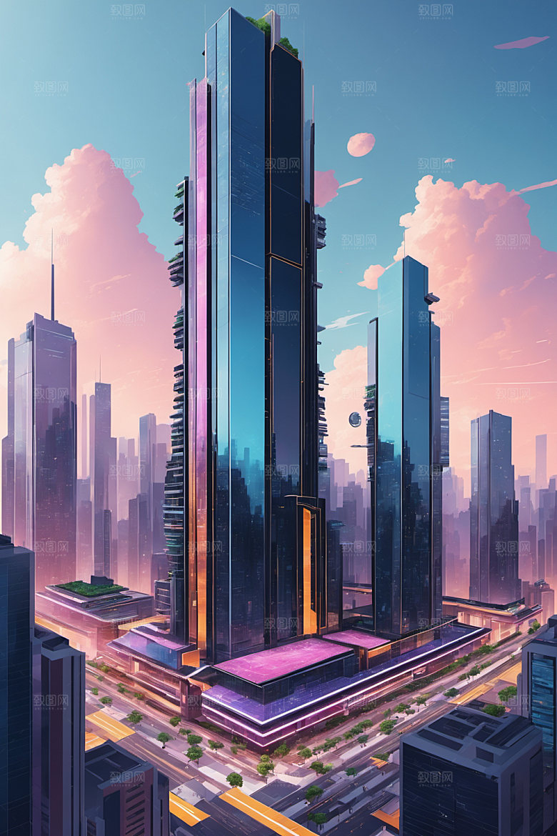 赛博朋克城市抽象立体插画