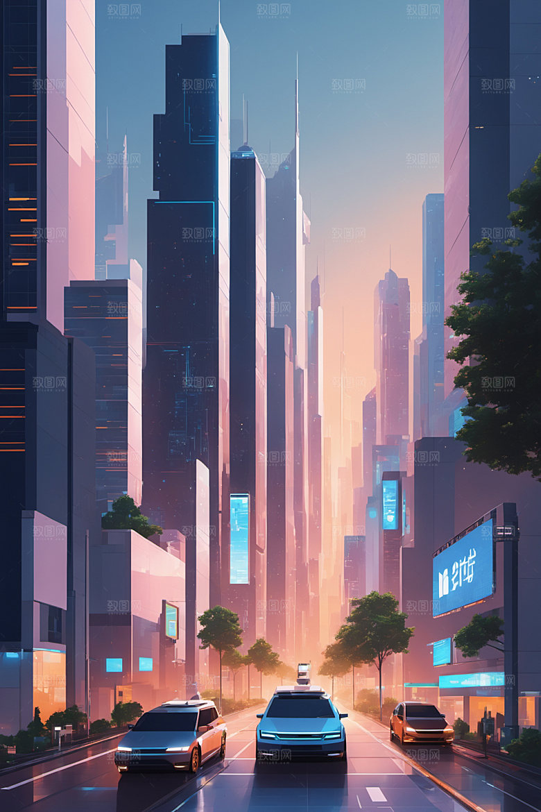 赛博朋克城市建筑抽象插画