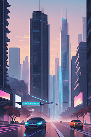 赛博朋克城市未来风格化插画