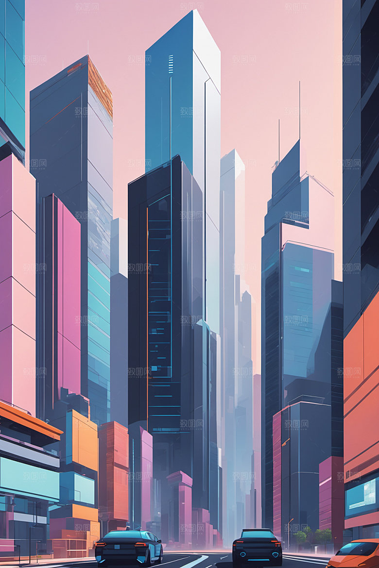 赛博朋克城市未来几何插画