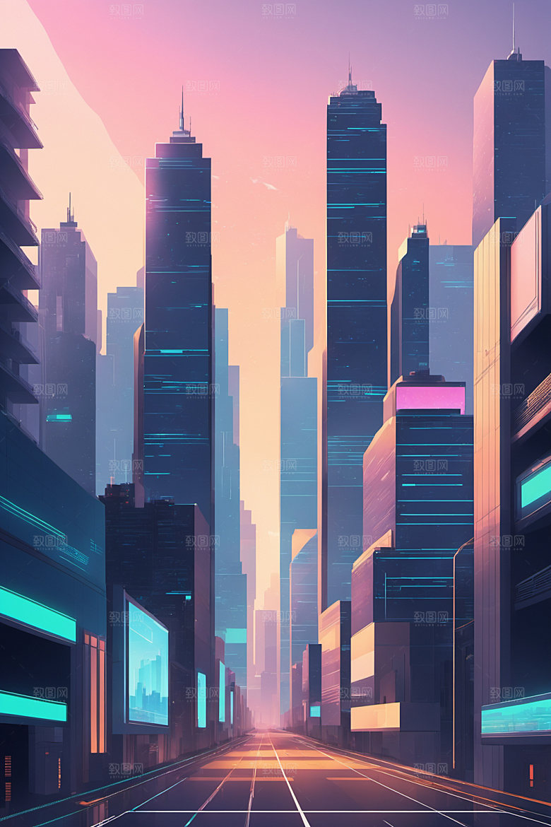 赛博朋克城市建筑都市插画