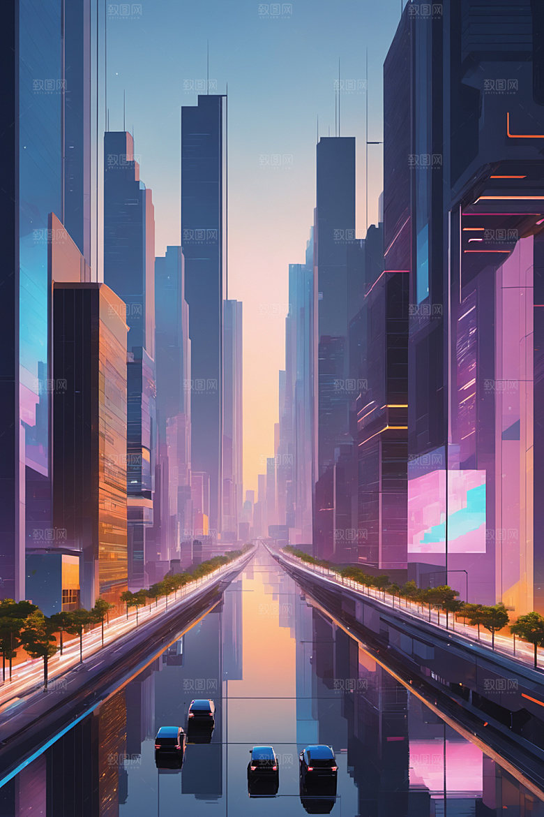赛博朋克城市艺术建筑插画