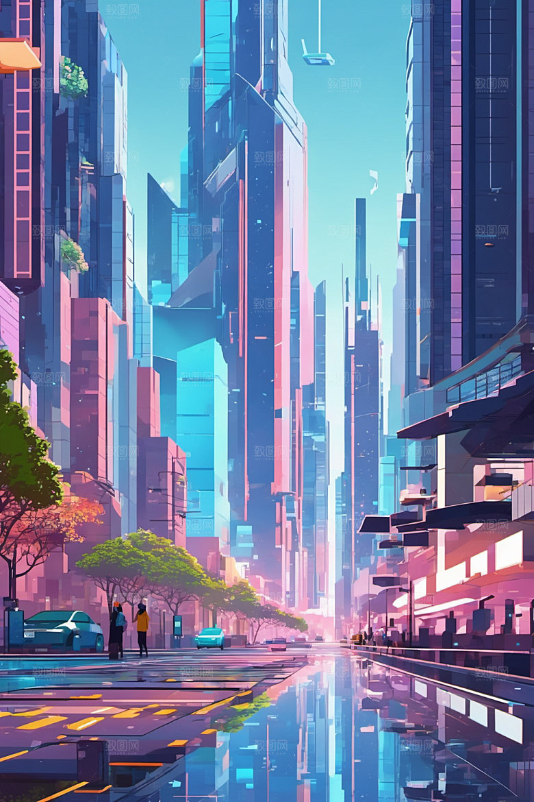 赛博朋克城市建筑几何插画