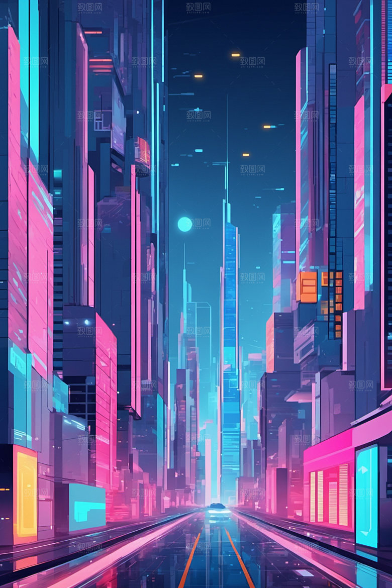 赛博朋克城市几何艺术插画
