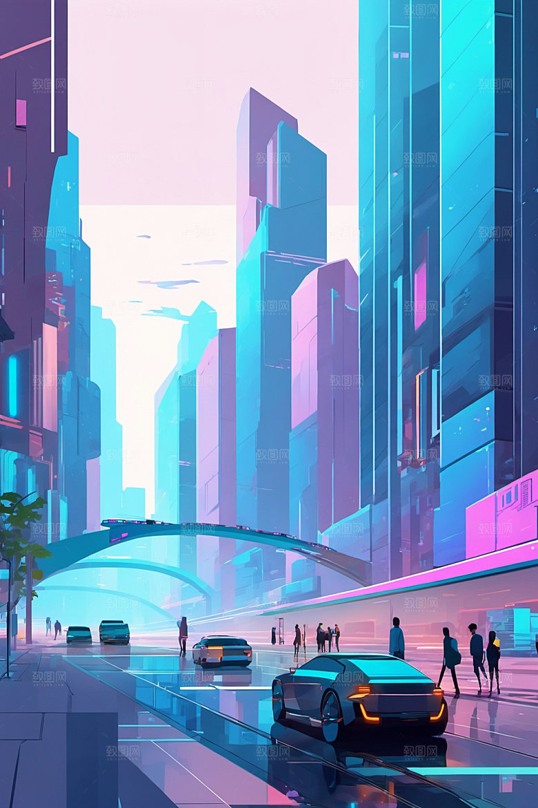 赛博朋克城市都市抽象插画
