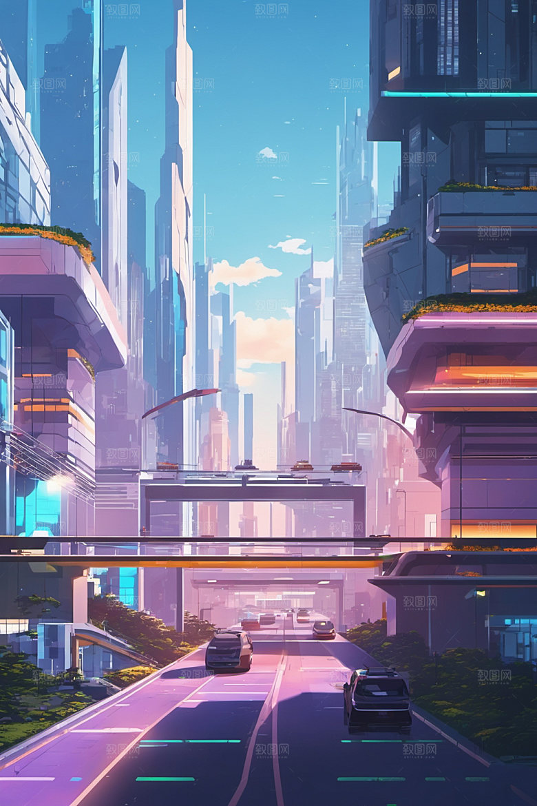 赛博朋克城市风格化几何插画