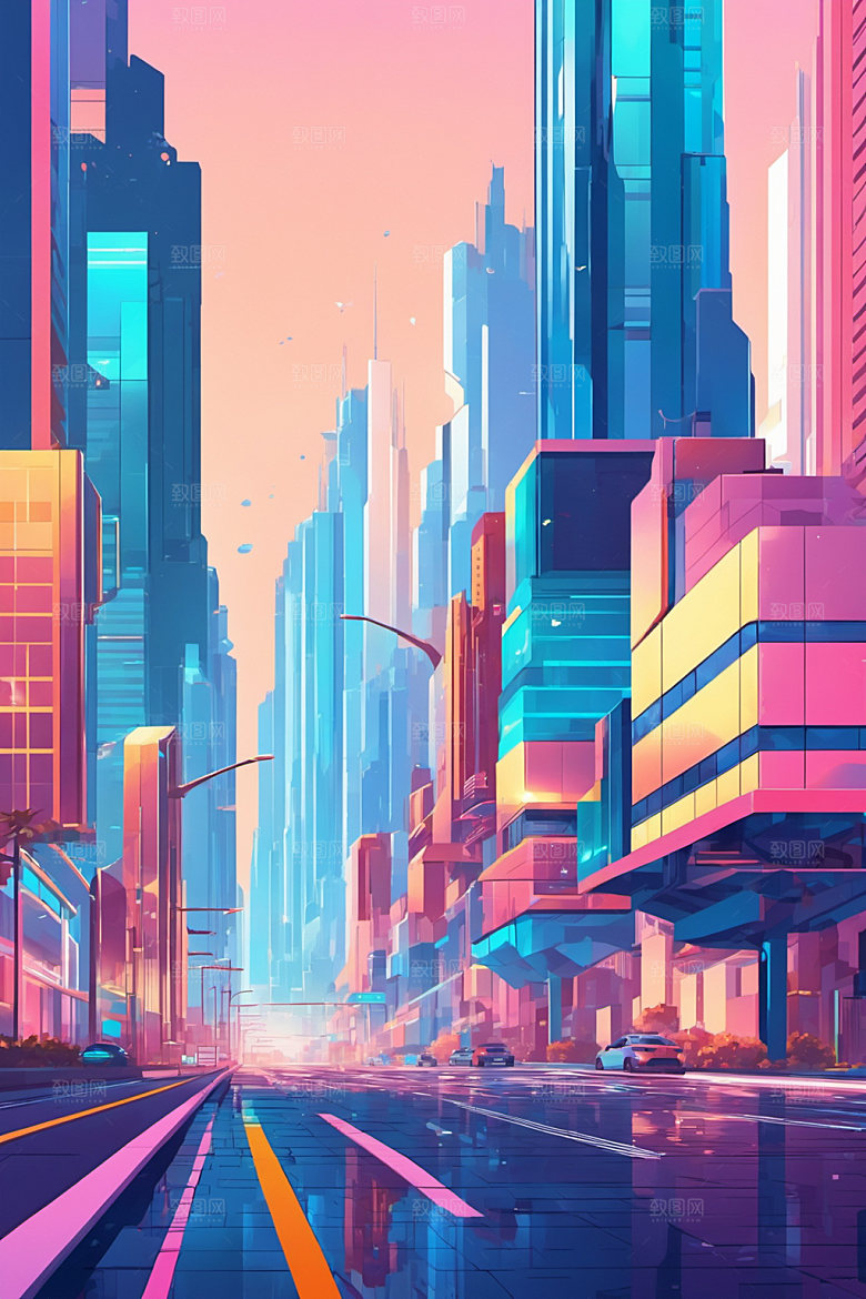 赛博朋克城市风格化未来插画