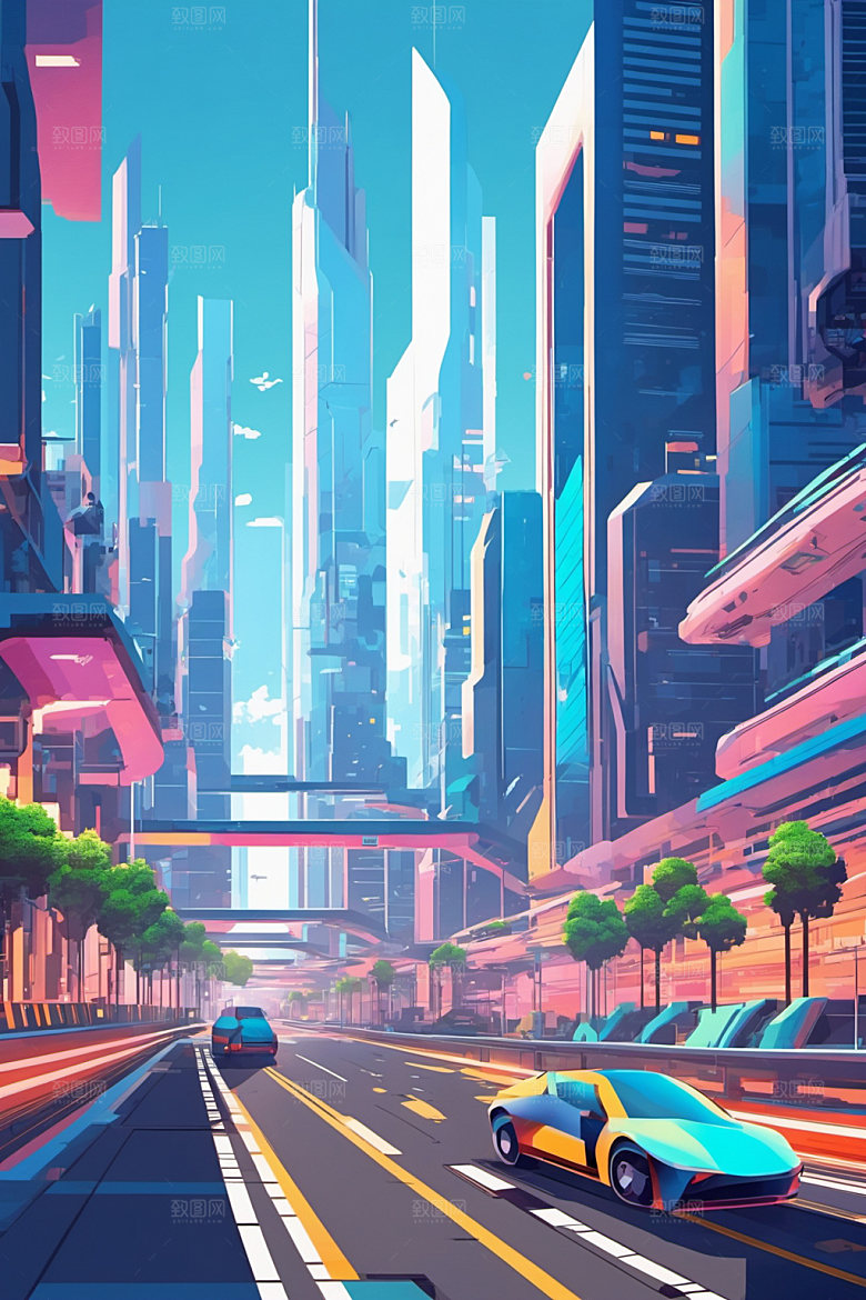 赛博朋克城市建筑几何插画