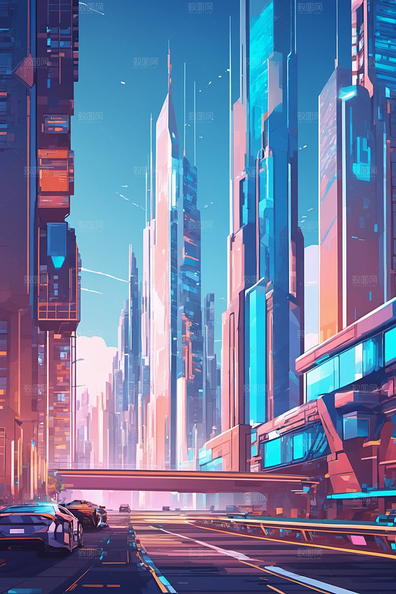 赛博朋克城市艺术建筑插画