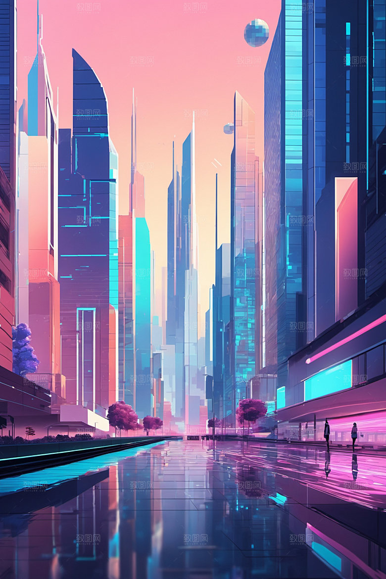 赛博朋克城市抽象建筑插画