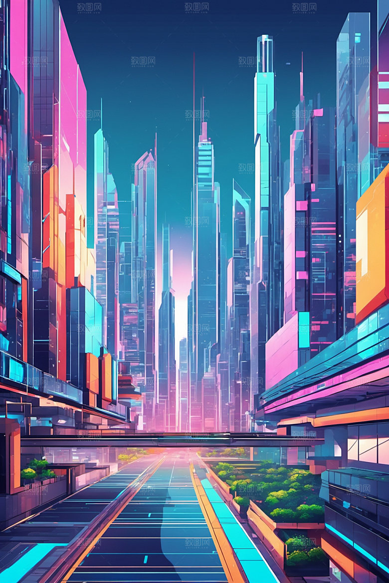 赛博朋克城市风格化建筑插画