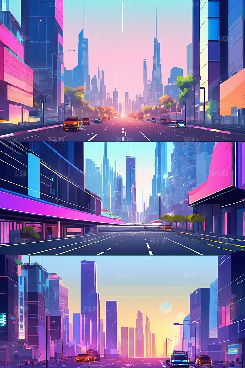 赛博朋克城市抽象几何插画