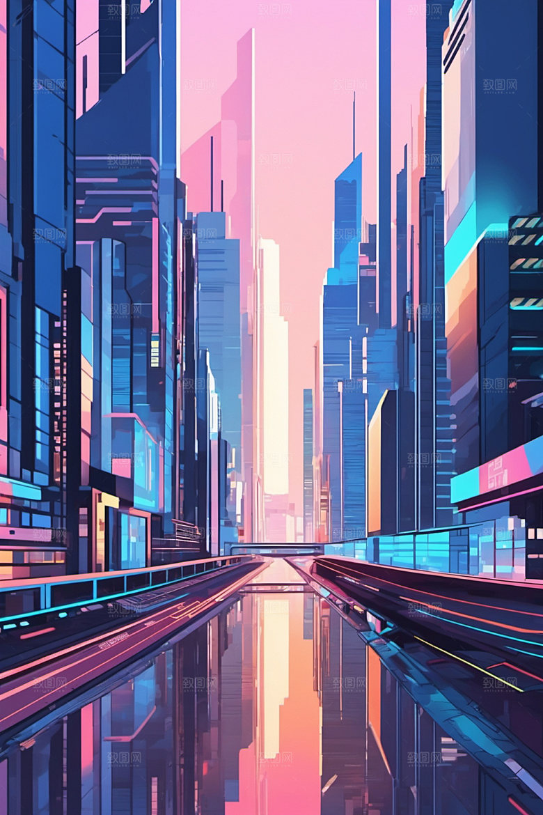 赛博朋克城市抽象几何插画