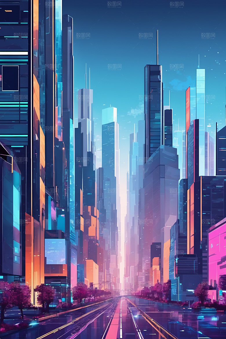 赛博朋克城市科幻抽象插画