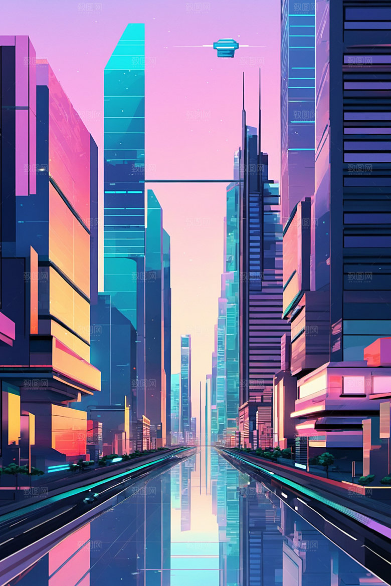 赛博朋克城市几何科幻插画