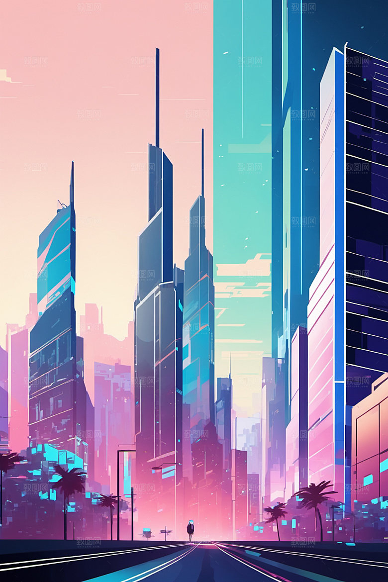 赛博朋克城市立体建筑插画