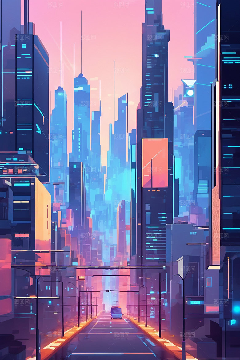 赛博朋克城市几何未来插画