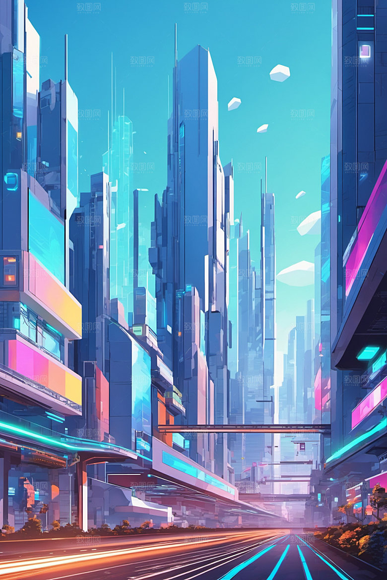 赛博朋克城市艺术几何插画