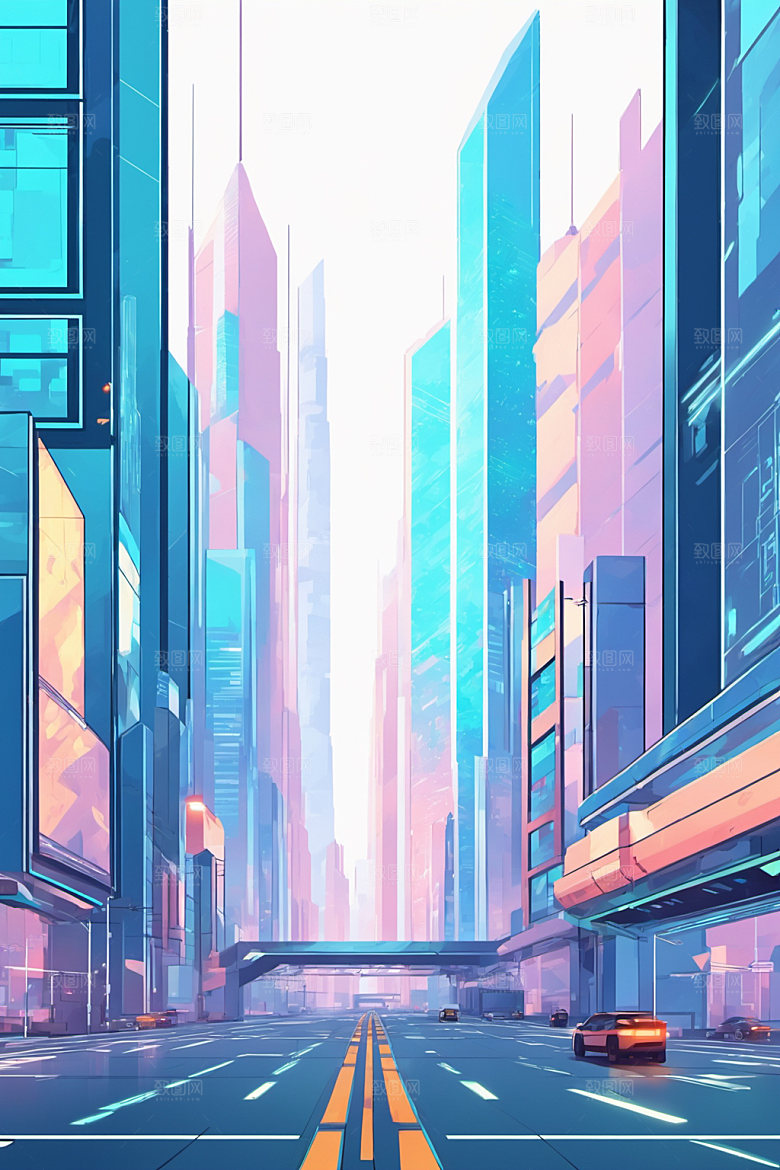 赛博朋克城市几何立体插画