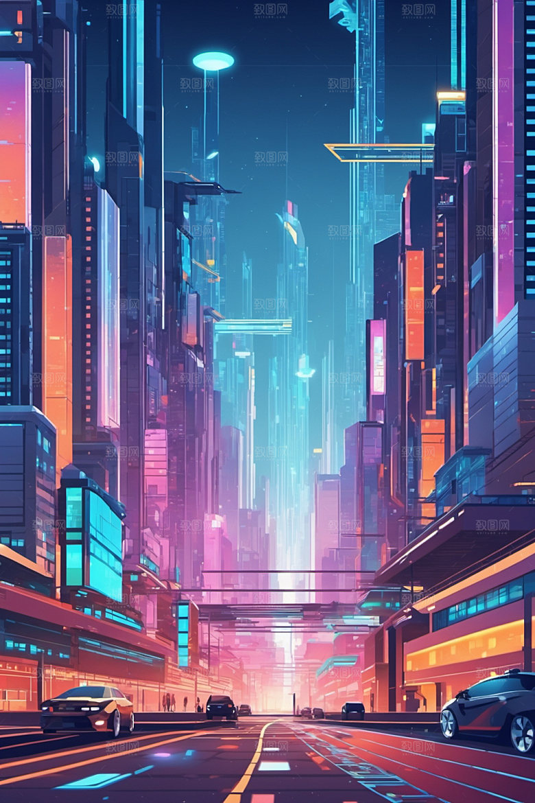 赛博朋克城市艺术科幻插画