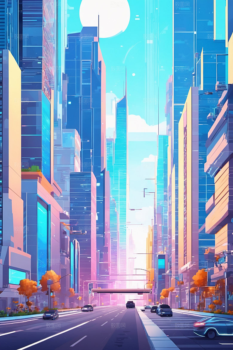 赛博朋克城市几何抽象插画