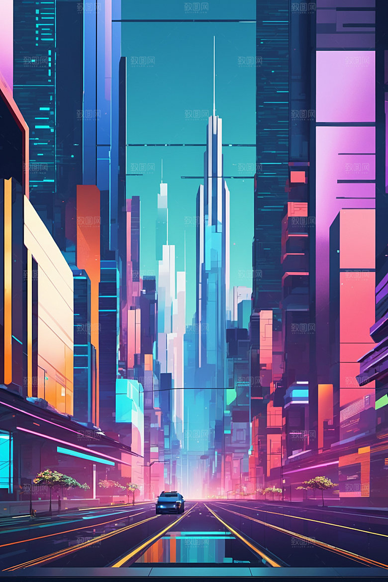 赛博朋克城市几何科技插画