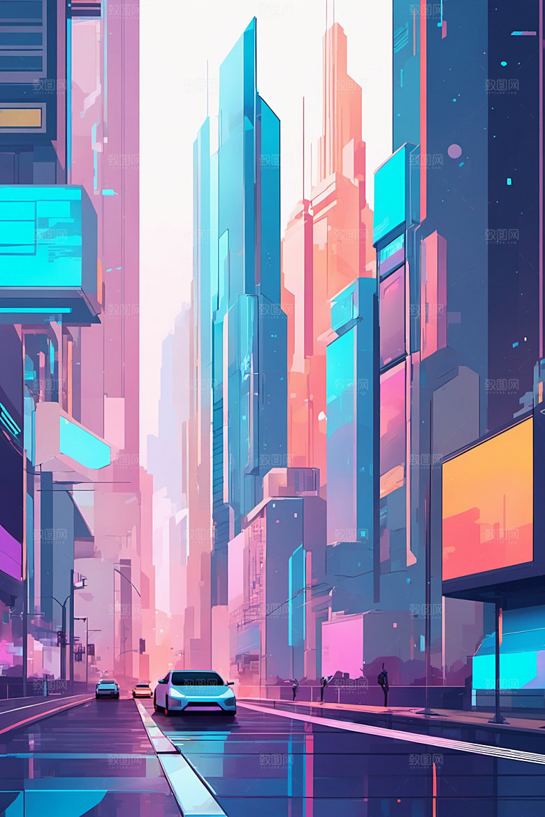 赛博朋克城市都市建筑插画