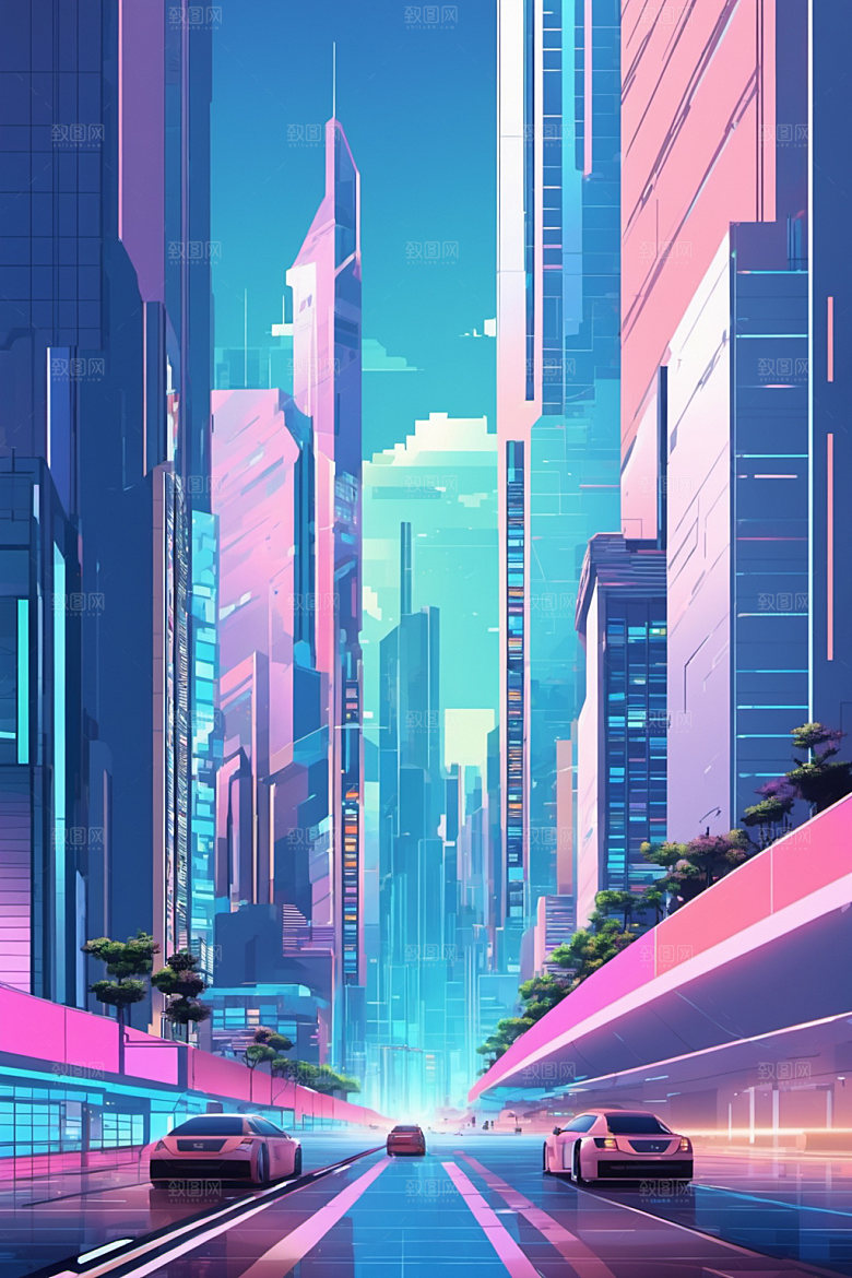 赛博朋克城市风格化未来插画