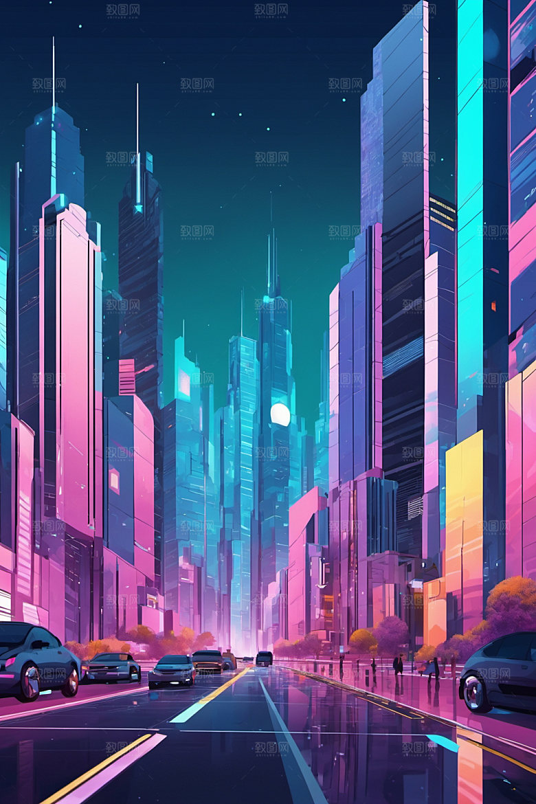 赛博朋克城市都市科幻插画
