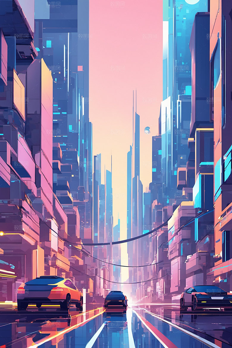 赛博朋克城市建筑未来插画