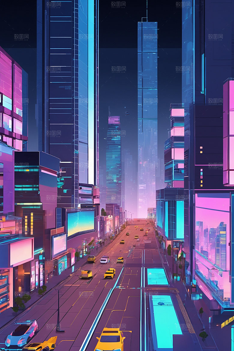 赛博朋克城市风格化几何插画
