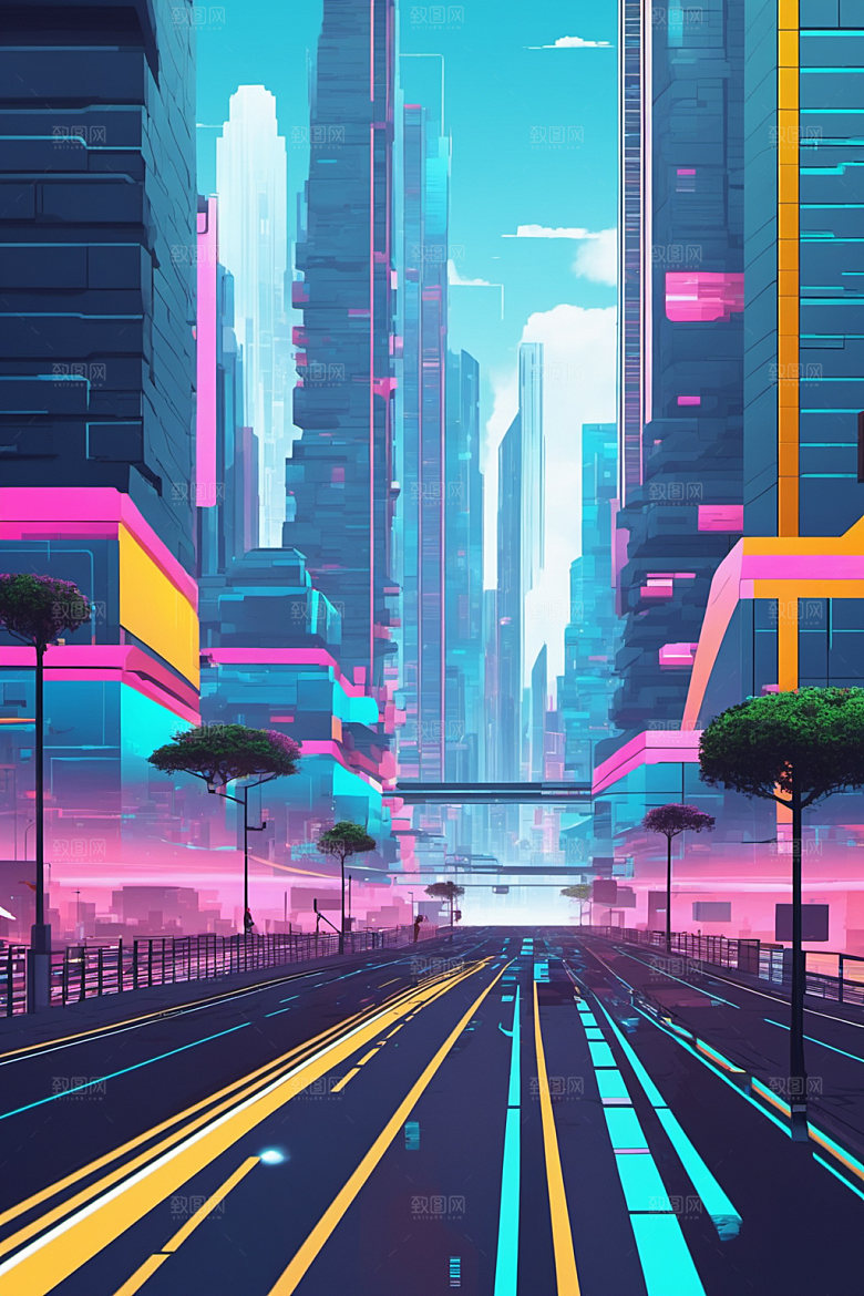赛博朋克城市抽象建筑插画