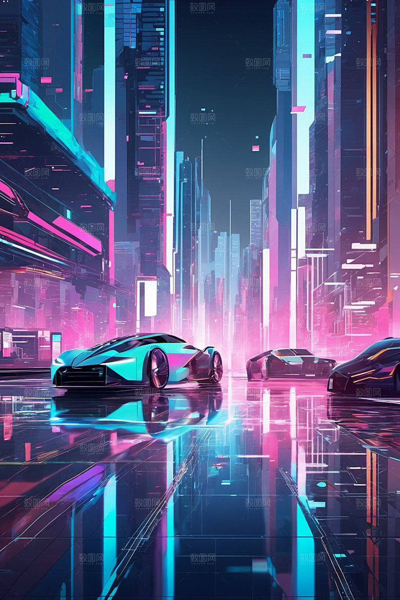 赛博朋克城市未来抽象插画