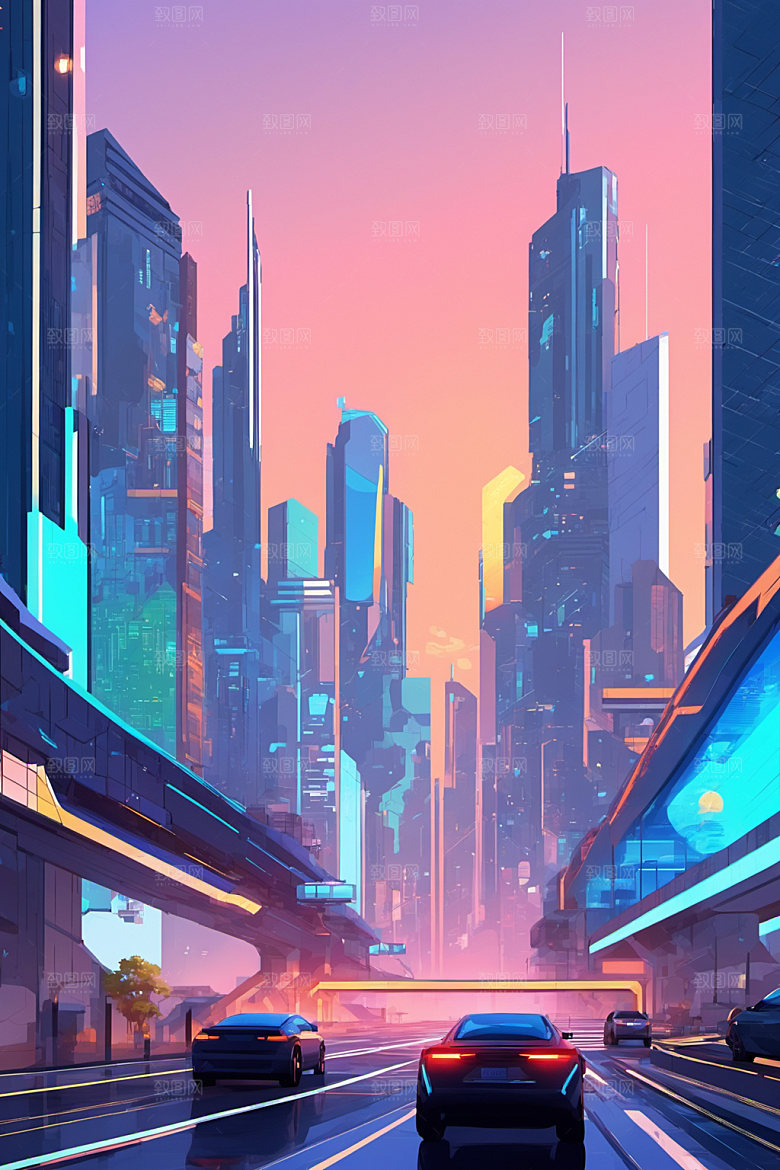 赛博朋克城市科幻几何插画