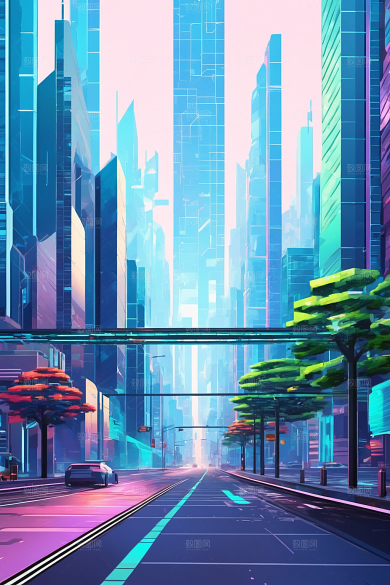 赛博朋克城市立体建筑插画