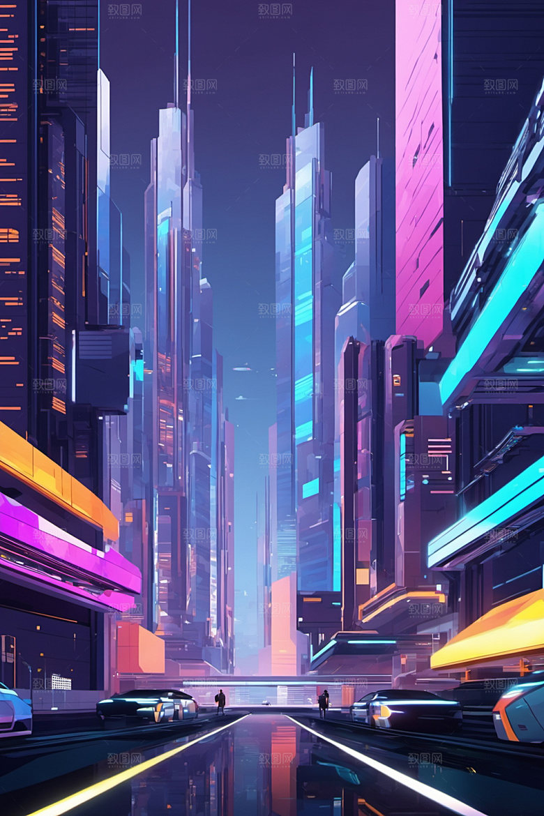 赛博朋克城市未来几何插画