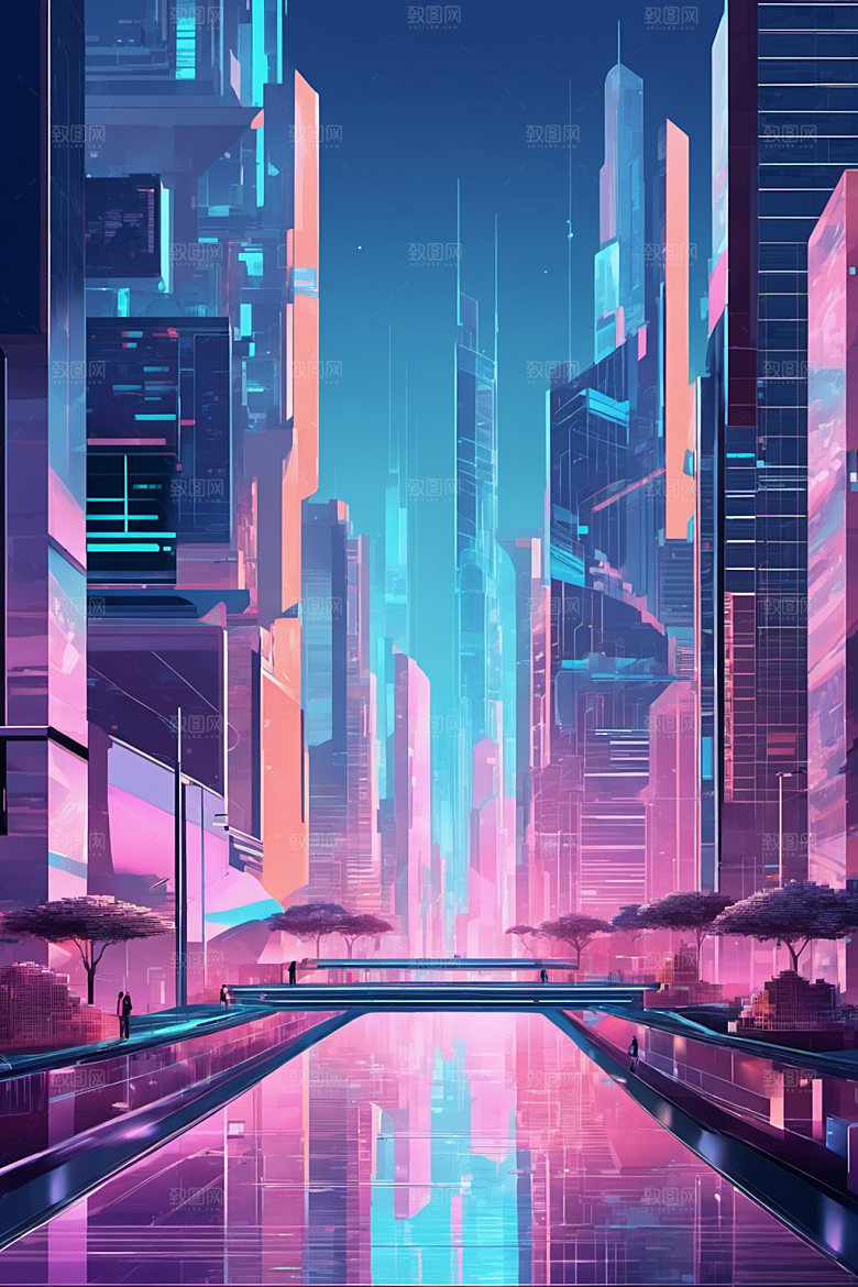 赛博朋克城市风格化未来插画