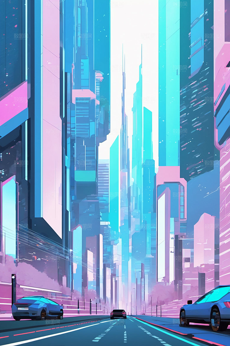 赛博朋克城市几何抽象插画