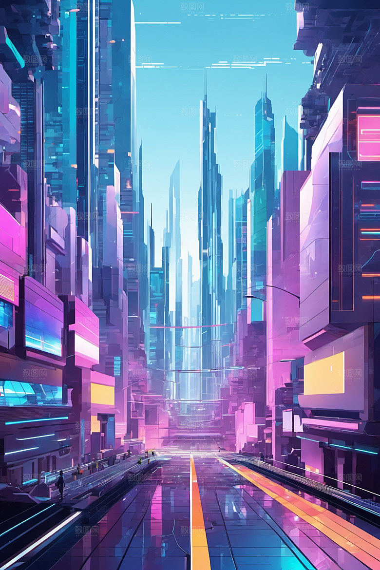 赛博朋克城市几何艺术插画