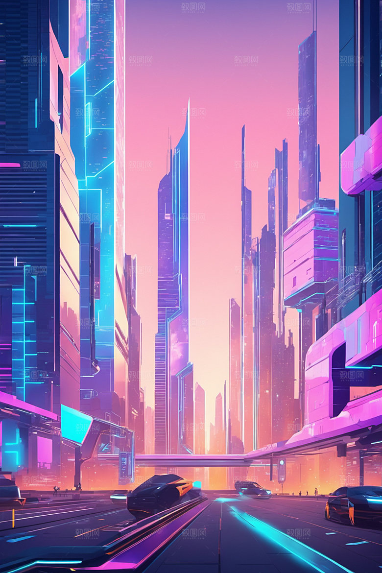 赛博朋克城市都市几何插画
