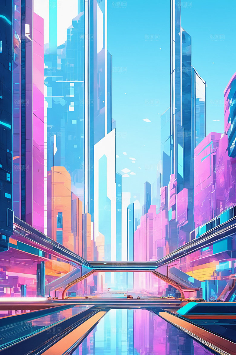 赛博朋克城市建筑抽象插画