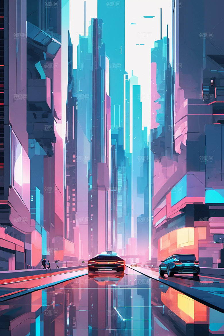 赛博朋克城市风格化立体插画