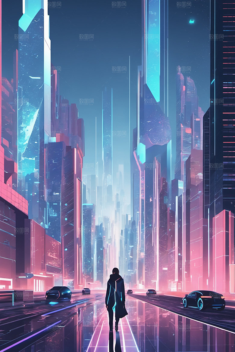 赛博朋克城市未来抽象插画