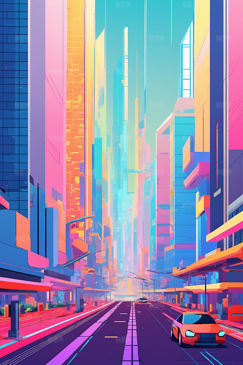 赛博朋克城市都市建筑插画