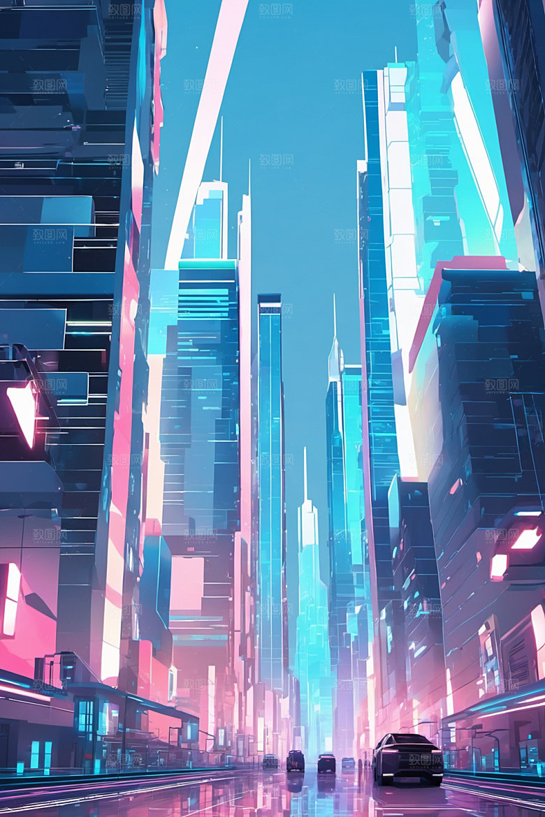 赛博朋克城市抽象建筑插画