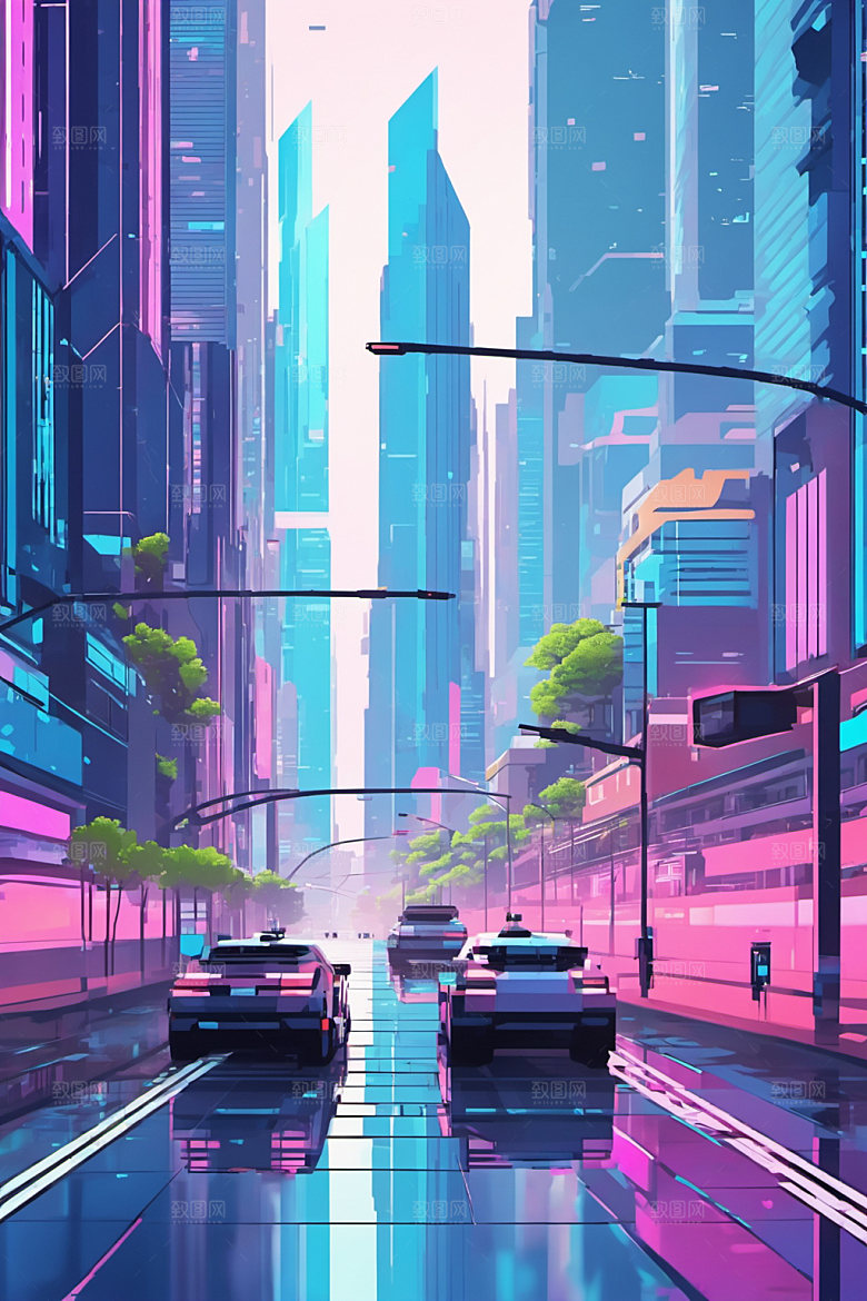赛博朋克城市都市风格化插画