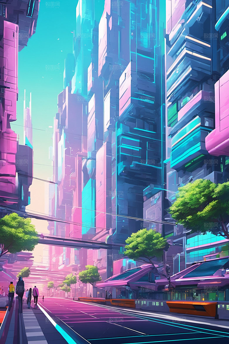 赛博朋克城市风格化几何插画