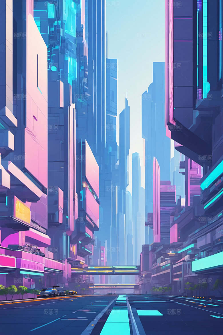 赛博朋克城市抽象建筑插画