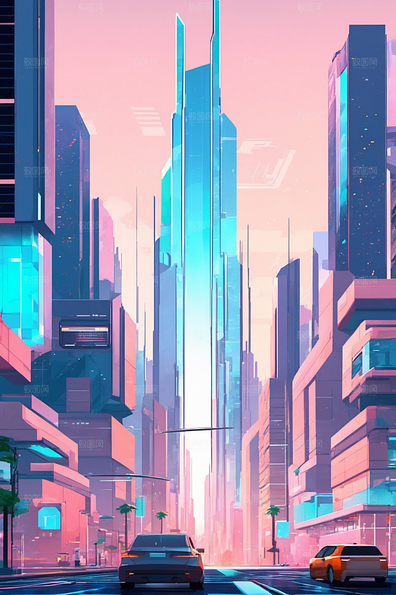 赛博朋克城市艺术抽象插画