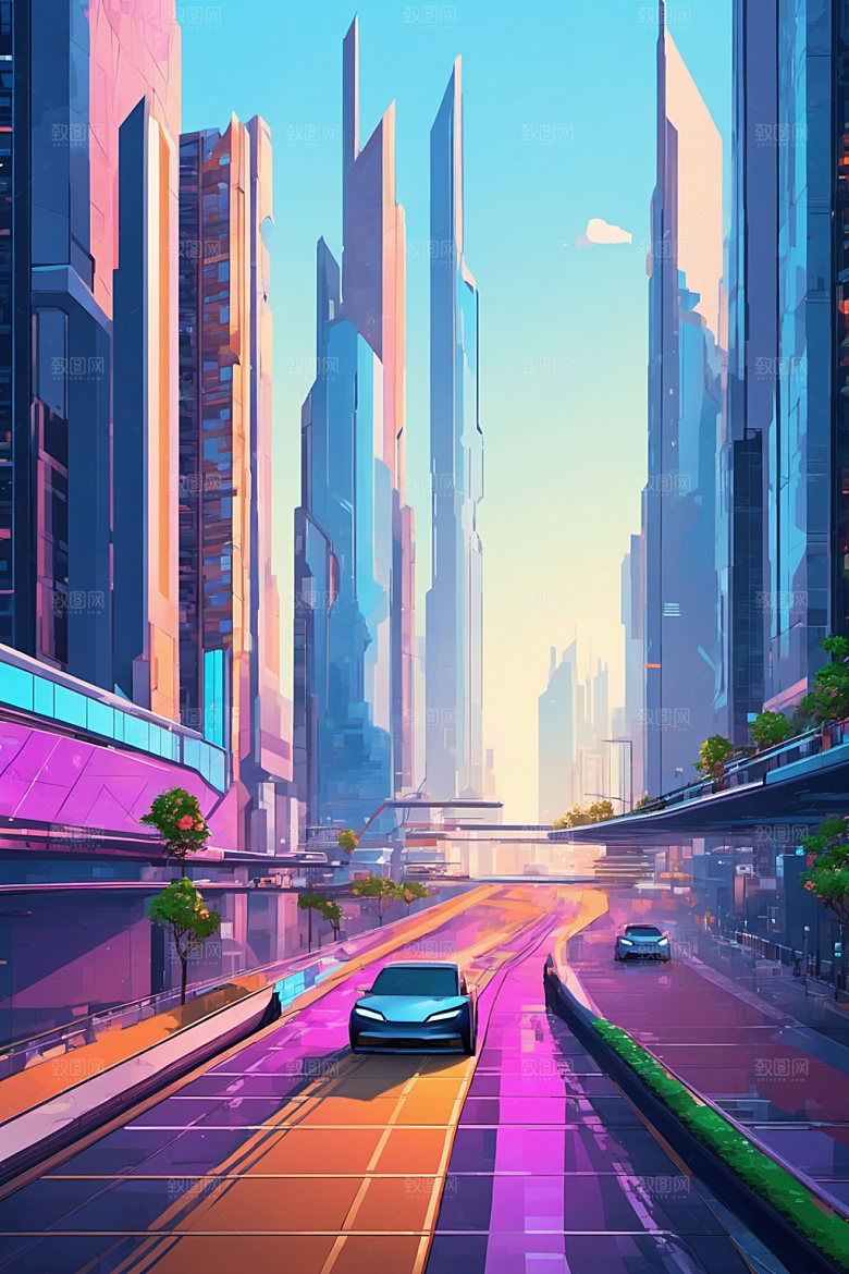赛博朋克城市科幻建筑插画